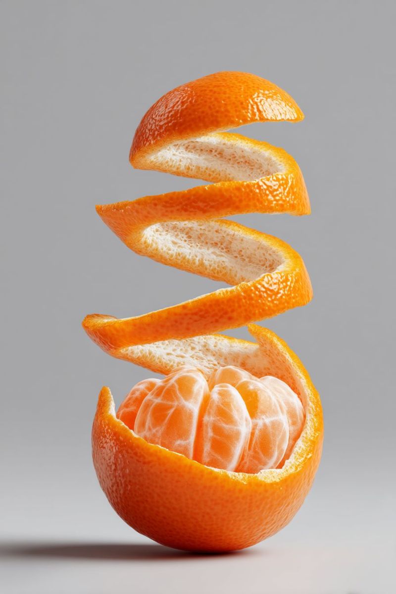 Orange fruit ecorce spirale segment pele nourriture vitamine salutaire rafraichissant juteux acidule doux agrume tangerine pamplemousse citron limette Une orange est pelée en spirale et placée sur sa moitié ouverte. Les sections pelées forment une forme en spirale, avec les segments d'orange visibles à l'intérieur. L'orange est d'un orange vif avec une peau lisse et brillante. Le fond est d'un gris clair uni.