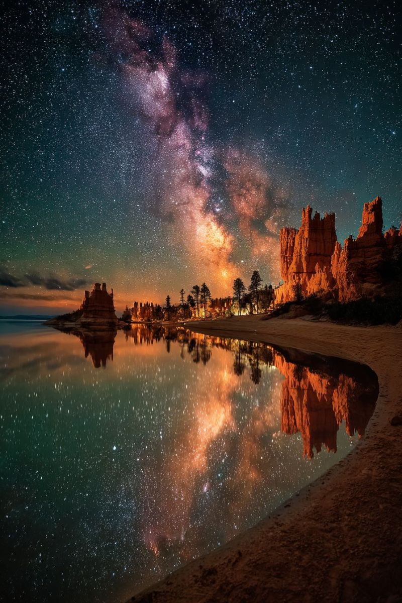 Stars reflection lake trees mountains sunset nature outdoors sky clouds horizon water rocks night rock formations The image captures a breathtaking night scene featuring a serene body of water with a reflection of the night sky. The Milky Way galaxy is prominently visible, stretching across the sky with its vibrant colors of pink, purple, and blue. The water is calm, mirroring the sky and the surrounding landscape. On the right side, there are unique rock formations, likely made of red sandstone, standing out against the night sky. In the distance, there are silhouettes of trees and possibly some structures, adding to the tranquil and mystical atmosphere of the scene.