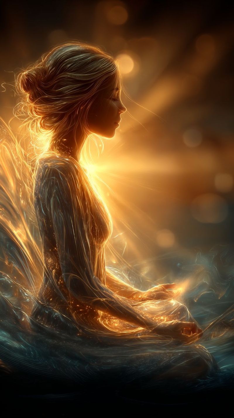 Woman meditation water reflection eyes sunlight bokeh glow shadow profile calm peaceful contemplation spirituality imagination A woman with long, wavy hair is depicted in a meditative pose, sitting cross-legged. Her hair flows around her, illuminated by a warm, golden light that seems to emanate from within her. She wears a flowing, translucent garment that appears to be made of a shimmering, liquid-like material, blending with the light around her. The background is a gradient of deep blues and warm yellows, creating a mystical atmosphere. The light highlights her serene expression and the delicate details of her form, giving her an ethereal, almost otherworldly appearance.