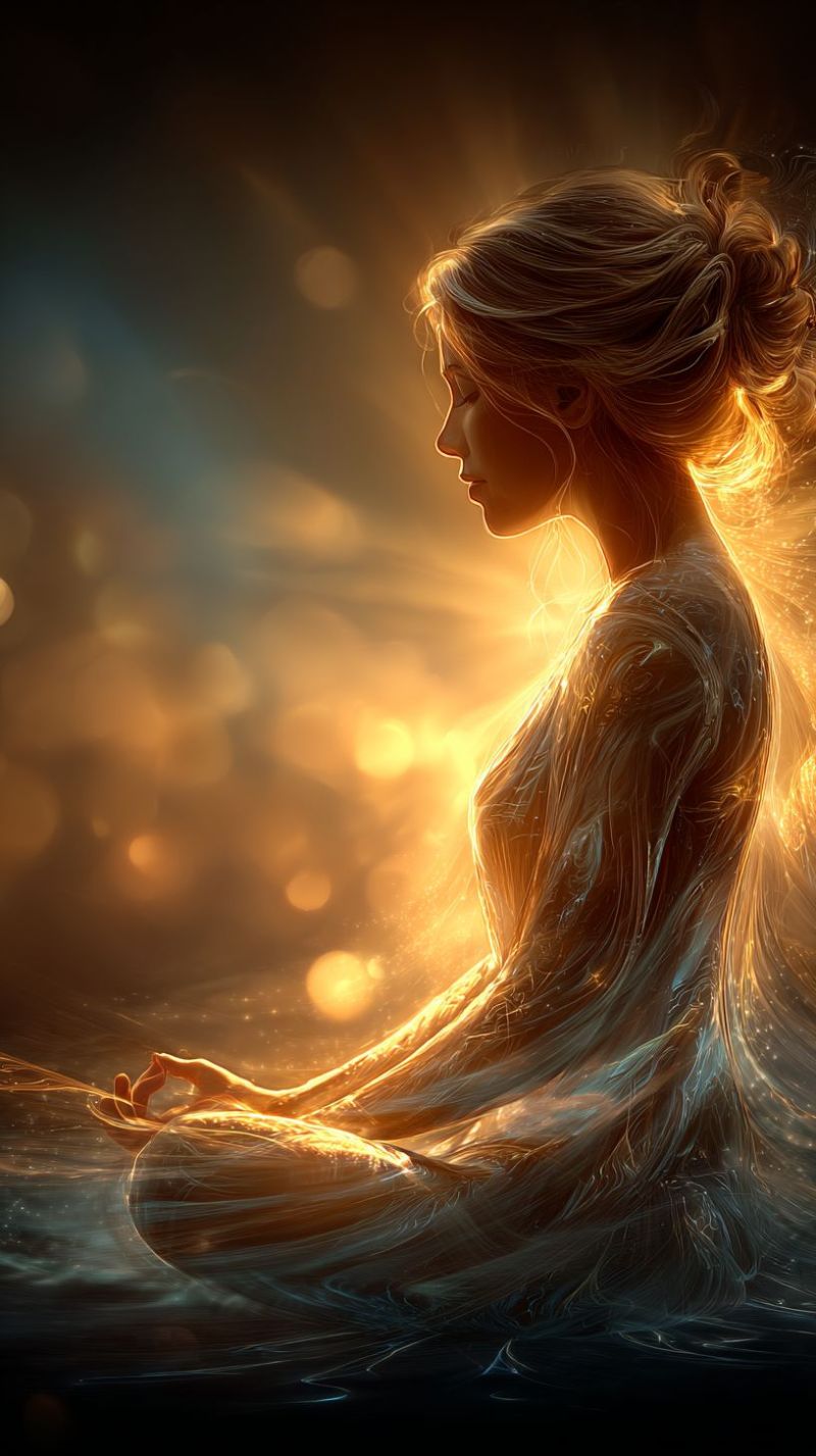 Meditation yoga femme eclat obscurite visage yeux fermes soleil eau reflet ombre rayonnement aura spiritualite interieur paix Une femme aux cheveux longs et fluides est assise dans une pose méditative, la tête légèrement inclinée et les yeux fermés. Elle est vêtue d'un vêtement fluide et translucide qui semble être fait d'un matériau scintillant et éthéré. Le fond est d'une teinte chaude et dorée, avec une lumière douce et brillante émanant de la femme, créant une atmosphère sereine et mystique. L'image transmet un sentiment de tranquillité, de paix et de connexion spirituelle.