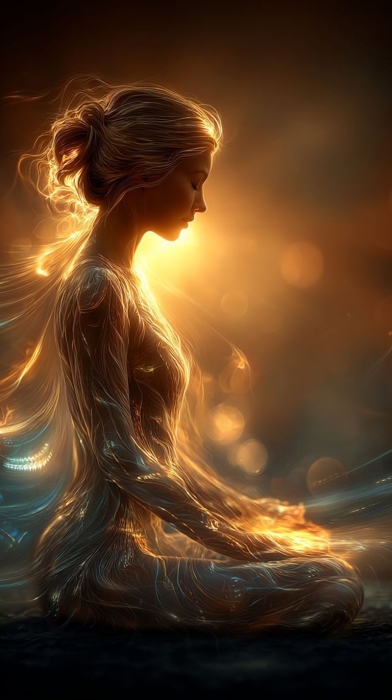 Woman meditation glow dark bokeh flame flames rays flare flares reflection reflections refraction refractions scattering woman sitting in a meditative pose, her head bowed and her hands resting on her knees. She is surrounded by a warm, glowing light that emanates from her body, creating a soft, ethereal effect. Her hair flows freely, blending into the light around her, and her face is illuminated by a gentle, golden glow. The background is dark, with scattered, faint, glowing orbs that add to the mystical atmosphere. The overall impression is one of tranquility and spiritual connection.
