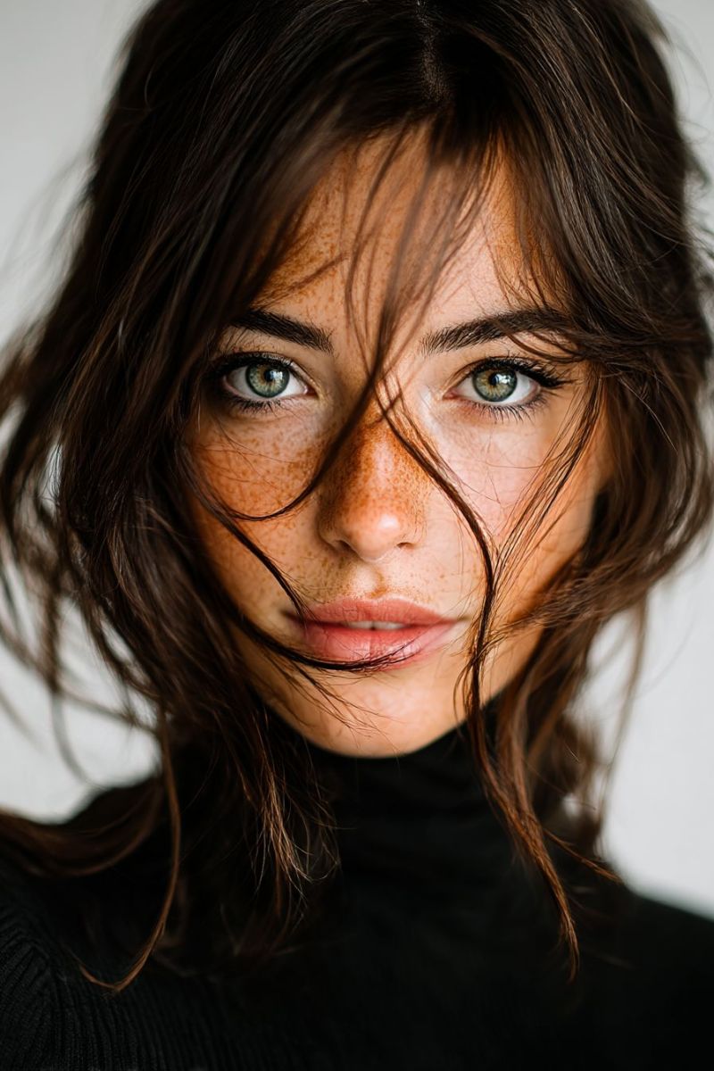 Woman smile eye beauty skin makeup fashion natural A close-up portrait of a woman with long, wavy brown hair that has a natural, slightly messy look. Her hair is slightly parted to the side and falls over her shoulders. She has light brown freckles scattered across her face, particularly on her cheeks and nose. Her eyes are a light green color, with long, dark eyelashes. She has a slight smile on her face, and her lips are pink. She is wearing a black turtleneck shirt. The background is a plain, light-colored wall.