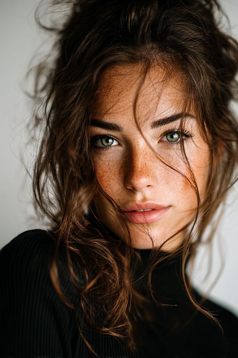 Femme sourire beaute maquillage oeil levre peau taches rousseur naturel decontracte porter Une femme aux cheveux bruns bouclés et aux taches de rousseur sur le visage sourit et regarde la caméra. Elle a les yeux verts et porte un haut col roulé noir. L'arrière-plan est flou, et la lumière est centrée sur son visage.