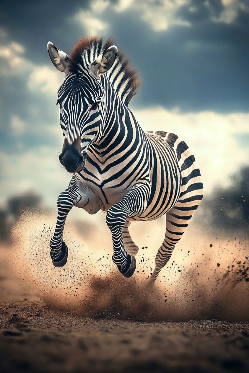 Zebra running dust horse motion action dirt animal riding field speed movement race sports dusty dynamic power strong fast energy adrenaline freedom w zebra in motion. The zebra is standing on one set of legs and appears to be running with its head lowered towards the ground, giving the impression that it might be kicking up dust or sand. Its mane is flowing, suggesting movement. The background shows a clear sky above and what looks like a dry, desert-like environment below, with little vegetation in sight. There are no visible texts on the image.