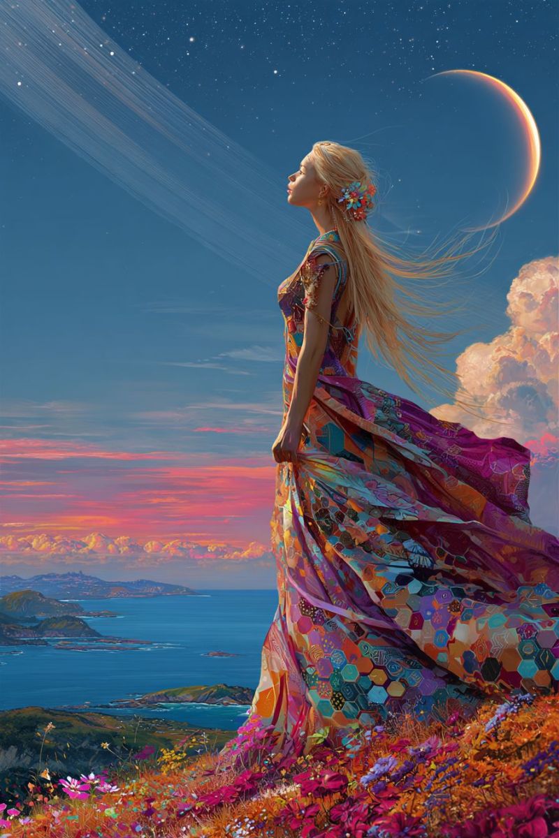 Femme robe fleurs ciel nuit lune etoiles nuages ocean montagnes fantaisie reveur inspiration beaute nature Une femme aux longs cheveux blonds se tient sur une colline, regardant le ciel nocturne. Elle porte une robe colorée et fluide ornée de motifs géométriques. Le ciel est d'un bleu profond, parsemé d'étoiles, et présente un croissant de lune. L'horizon est peint de teintes roses et orange, suggérant soit un coucher de soleil, soit un lever de soleil. En dessous d'elle, le paysage comprend une mer avec de petites îles et une chaîne de montagnes au loin. Le sol est couvert de fleurs vibrantes, ajoutant à l'atmosphère vivante et fantastique de la scène.