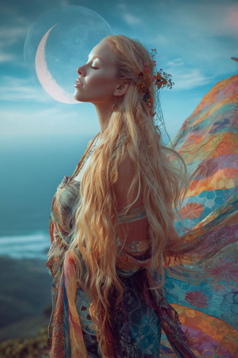 Woman moon fantasy dream beauty flower dress sky cloud night A woman with long, flowing blonde hair stands in a serene outdoor setting, her eyes closed as if in deep thought or meditation. She wears a colorful, flowing dress adorned with floral patterns and a delicate necklace. Her hair is decorated with small flowers, adding a touch of nature to her appearance. Behind her, a large, glowing crescent moon is superimposed against a blue sky with scattered clouds, creating a mystical atmosphere. The background suggests a coastal or cliffside location, with a hint of the ocean or a vast expanse in the distance.