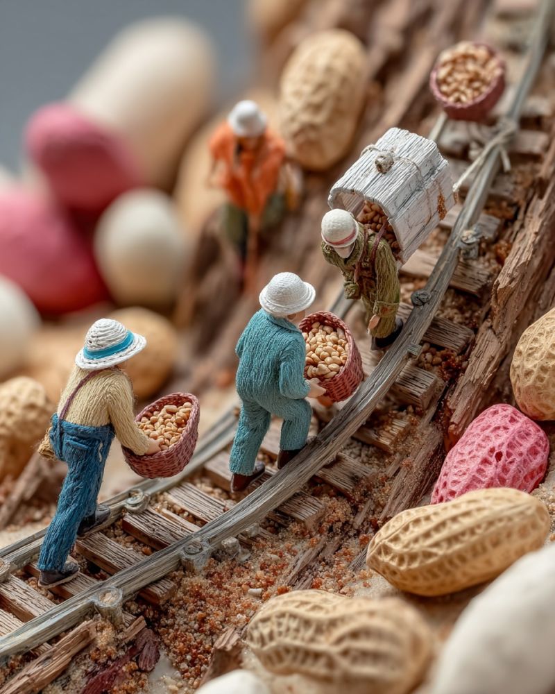 Miniature people workers baskets nuts railway track collection hobby craftsmanship transport gathering picking food grains shells A miniature scene depicts several tiny figures dressed in hats and overalls, carrying baskets filled with peanuts. They are walking along a wooden railway track, with some figures carrying a small wooden box. The track is surrounded by various peanuts and other objects, including a red object that resembles a candy or fruit. The scene is set against a back of more peanuts and other small items, creating a detailed and intricate miniature world.