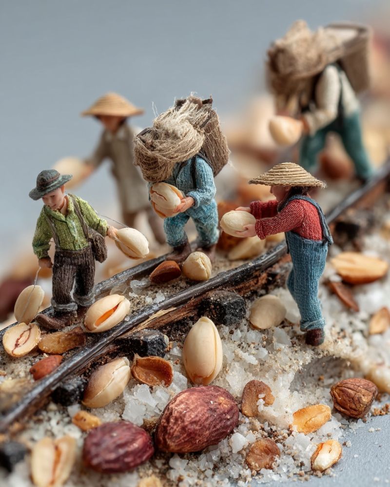 Miniature workers nuts salt grains transport collection harvest labor manual tools buckets backpacks hats clothing texture craftsmanship A group of miniature figurines dressed in traditional clothing are gathered around a wooden rail, possibly a train track. They are engaged in activities related to handling and transporting nuts. One figurine is holding a large nut, another is carrying a sack on their back, and others are holding smaller nuts. The figurines are surrounded by a variety of nuts, including hazelnuts, almonds, and peanuts, scattered on the ground. The background is a soft, muted gray, providing a simple and clean back for the scene.