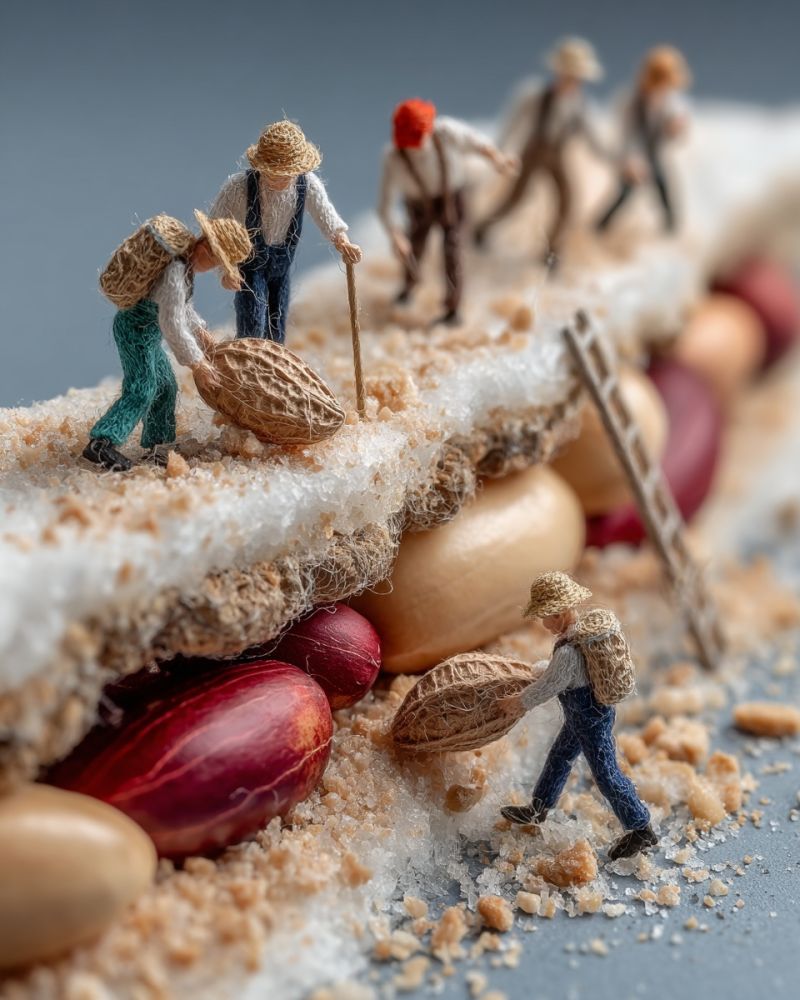 Miniature gens fermiers recolte noix sucre echelle nourriture artisanat texture bleu cacahuetes cristaux rouge haricots Une scène miniature dépeint plusieurs petites figurines habillées de vêtements à l'ancienne, ressemblant à des fermiers, engagées dans diverses activités. Certaines portent des sacs de cacahuètes, tandis que d'autres marchent ou se tiennent sur une surface de grosse cacahuète. L'arrière-plan est un mélange de blanc et de brun, ressemblant à des coquilles de sucre et d'arachides. Les figurines sont détaillées avec soin, avec des chapeaux, des chaussures et des sacs à dos, et la scène est placée sur une surface plane avec un arrière-plan légèrement flou.