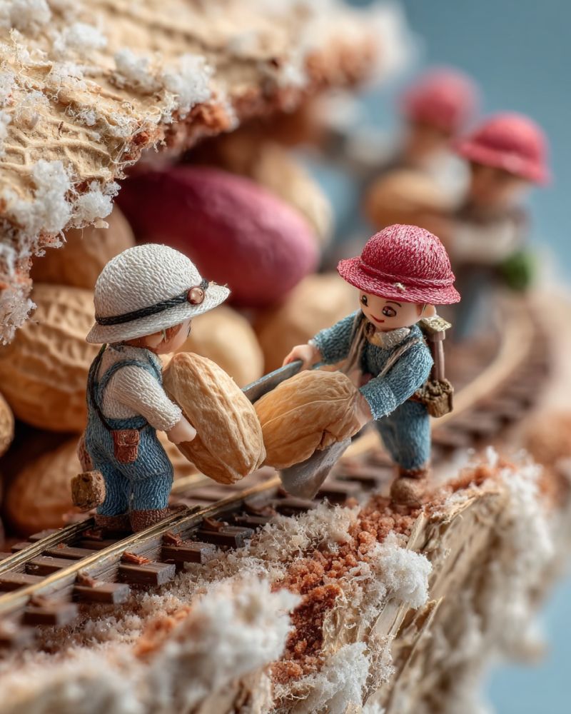 Miniature cacahuetes train decoration hiver neige casques salopettes sac dos transport nourriture collations loisirs creatifs passe temps exposition Deux figurines miniatures vêtues de salopettes et de chapeaux poussent un chariot rempli de noix le long d'une petite voie en bois. La voie est entourée d'une pile de noix, et l'arrière-plan est flou avec plus de noix et une petite structure ressemblant à une maison. Les figurines sont positionnées sur une plateforme qui semble faire partie d'une scène plus vaste et complexe.