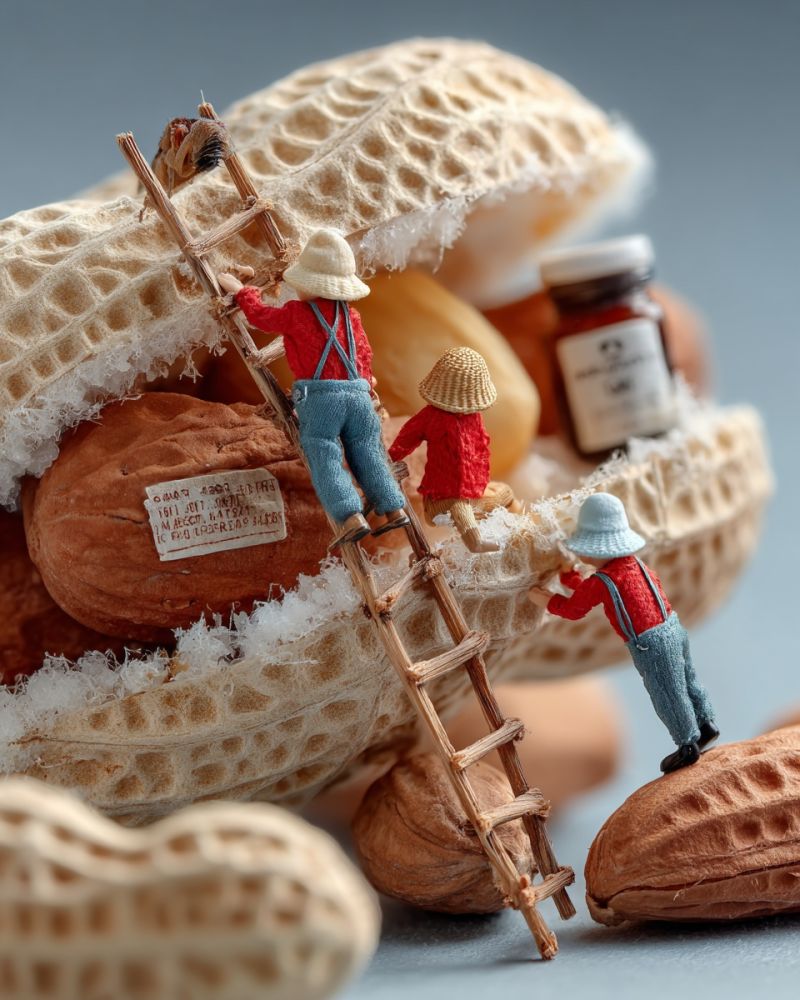 Miniature cacahuetes echelle fermiers chapeaux noix nourriture exposition artisanat decoration collection passe temps sculpture texture Une scène miniature dépeint un groupe de petites figurines habillées en vêtements traditionnels, grimpant une échelle en bois à l'intérieur d'une grande coque de cacahuète. La coque de cacahuète est ouverte, révélant son intérieur rempli de diverses cacahuètes et d'autres petits objets. Une figurine est en train de grimper l'échelle, tandis qu'une autre se tient sur la surface de la coque de cacahuète. Il y a un petit pot avec une étiquette, et quelques autres objets sont éparpillés autour. Les figurines sont minutieusement détaillées, et la scène est placée sur un fond neutre.