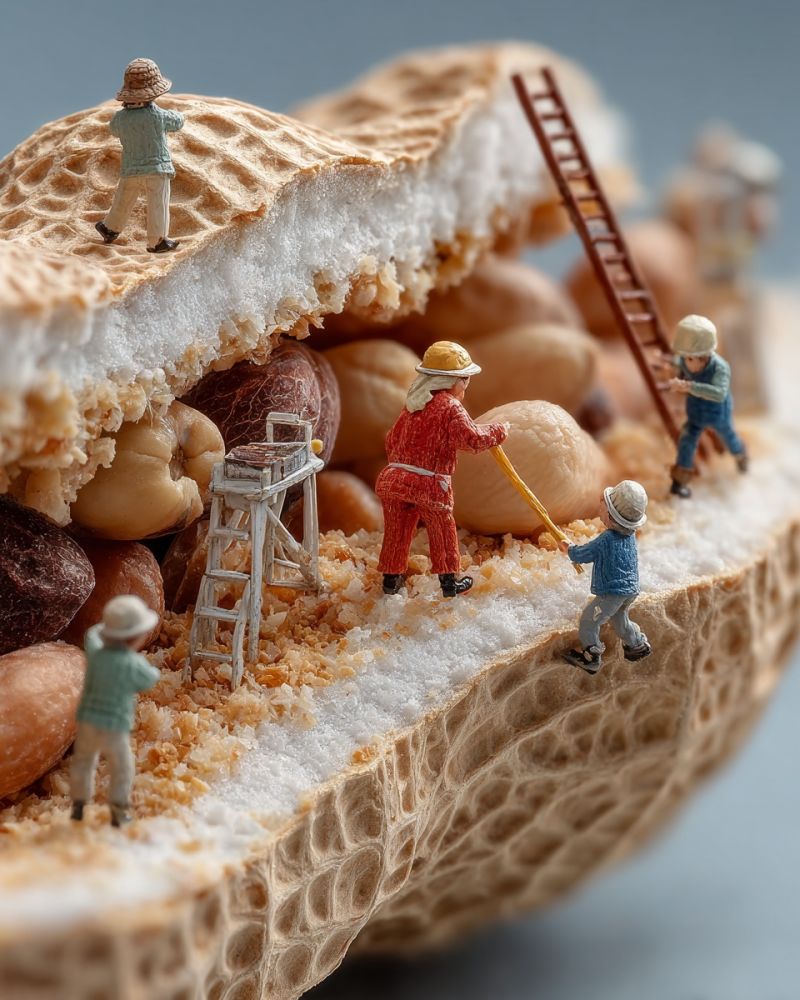 Miniature people workers ladder peanut shell nuts helmet hat sugar construction mini tiny food craft imagination A miniature scene depicts a group of tiny people working inside a large peanut shell. One person is wearing a red outfit and a yellow hard hat, pushing a large peanut. Another person is wearing a blue outfit and a white hat, holding a broom. A third person is climbing a ladder. The peanut shell is filled with various nuts and has a textured, honeycomb-like surface. The scene is set against a blue background.