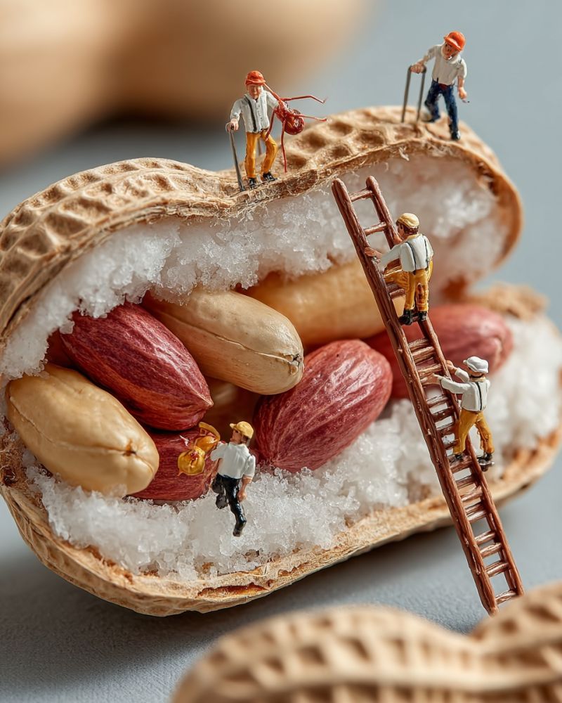 Nourriture sushi riz miniature decoration table bois artisanat culinaire gastronomique japonais culture tradition artisan main texture saveur Une scène miniature dépeint un groupe de petites figurines habillées en tenue traditionnelle japonaise, debout sur de petits gâteaux de riz. Chaque figurine est engagée dans diverses activités, comme tenant un panier, un bâton ou une marmite. Les gâteaux de riz sont disposés sur une plateforme en bois, certains étant garnis de tranches de saumon et décorés de garnitures rouges et vertes. Autour de la plateforme se trouvent des éléments alimentaires miniatures supplémentaires, y compris un bol de fruits tranchés, une choucroute et un récipient rouge. La scène se déroule sur fond de table en bois et de surface verte.