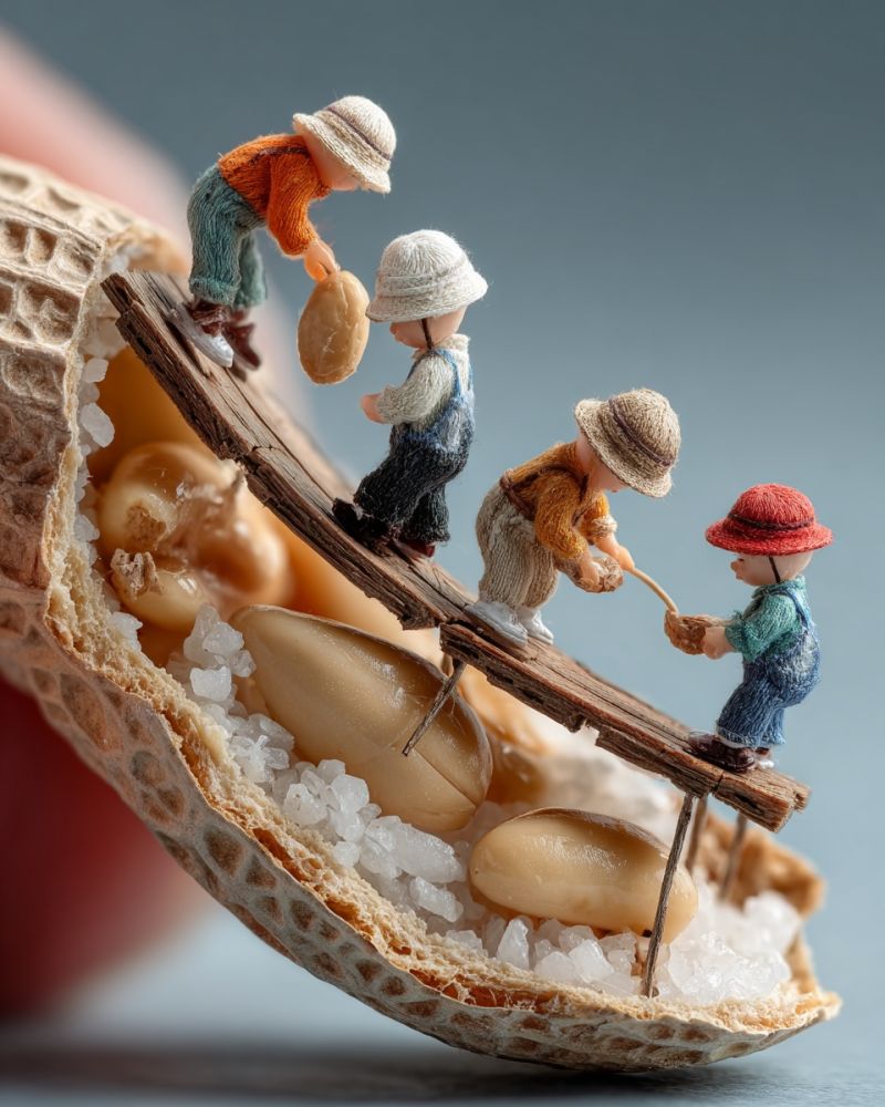 Miniature peanut people wooden hand sculpture toy craft food snack collection display decoration figurine texture A miniature scene depicts a group of tiny people working inside a peanut shell. The peanut shell is open, revealing its interior filled with peanuts and white crystals. The people are dressed in small, detailed outfits, including hats and shoes. One person is holding a peanut, another is picking up a crystal, and the others are engaged in various activities. The scene is set against a plain, light blue background.
