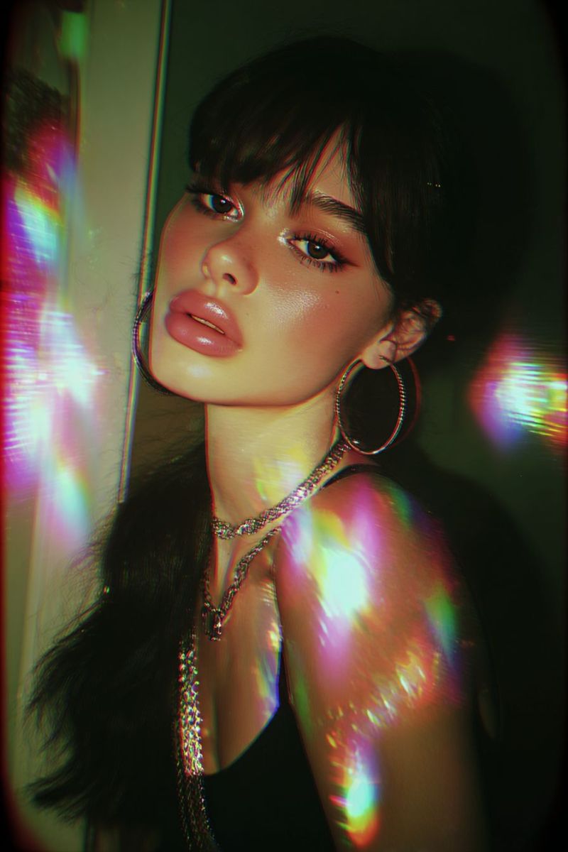 Femme visage oreille boucle collier bijoux beaute maquillage oeil fard paupieres correcteur eclairage reflet Une femme aux cheveux courts et foncés avec des franges pose pour une photo. Elle a un maquillage léger avec du rouge à lèvres rose et du fard à paupières. Elle porte un débardeur noir et a de grandes boucles d'oreilles en forme de cercle. Elle porte également un collier avec un pendentif et une chaîne. L'arrière-plan est flou avec un effet semblable à un arc-en-ciel.