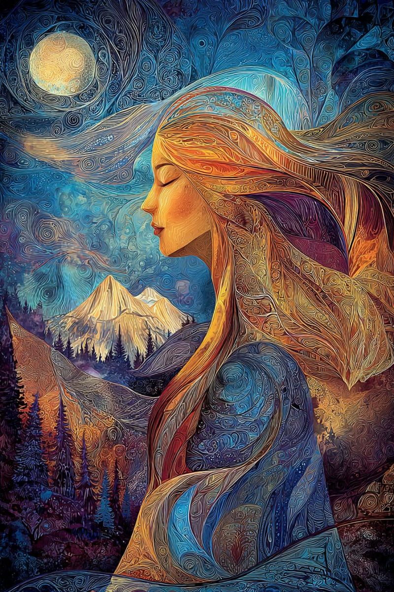 Femme fantaisie nuit lune montagnes arbres foret ciel yeux La peinture représente une femme sereine aux cheveux fluides sous un ciel nocturne. Ses cheveux sont représentés dans un style tourbillonnant et abstrait, mélangeant des nuances d'or, d'orange et de bleu. Son visage est tourné vers la droite et ses yeux sont fermés, suggérant un moment de tranquillité ou de méditation. Le fond présente une majestueuse chaîne de montagnes baignée dans la douce lueur de la lune, qui est grande et détaillée avec des motifs tourbillonnants. Le ciel est d'un bleu profond avec des motifs tourbillonnants complexes qui semblent couler comme un fleuve. Le premier plan comprend une forêt dense d'arbres à feuilles persistantes, dont les silhouettes ajoutent de la profondeur à la scène. La palette de couleurs globale est riche et vibrante, avec un mélange harmonieux de tons chauds et froids.