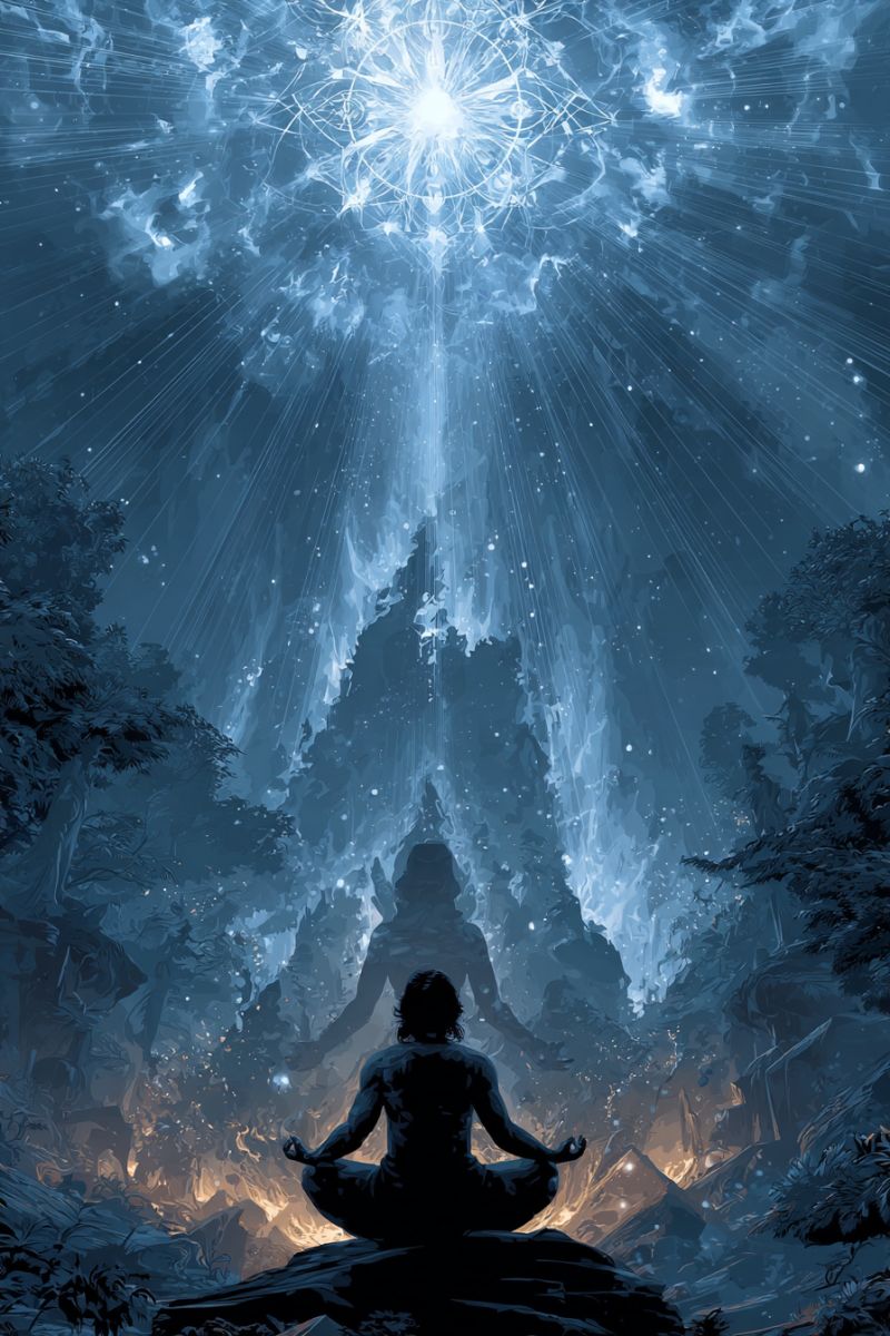 Meditation homme yoga obscurite foret arbres montagne ciel etoiles nuit fantaisie imagination inspiration creativite Dans une forêt sereine, une personne est assise dans une posture méditative sur un rocher, face à une source de lumière éthérée et brillante au-dessus. La lumière, ressemblant à une étoile ou un corps céleste, émet une douce lueur radieuse qui illumine les alentours. La forêt est dense avec des arbres, et le sol est recouvert d'un mélange de rochers et de feuillage. Le ciel est d'un bleu profond, avec des étoiles éparses et un léger brouillard lumineux qui ajoute à l'atmosphère mystique. La silhouette de la personne est sombre contre la lumière brillante, créant un contraste saisissant.