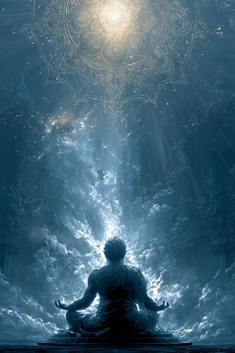 Meditation man buddha clouds water sun sunlight sunbeam sunrays sunshine A serene figure sits in meditation, cross-legged, with hands in a gesture of peace. The figure is surrounded by a mystical, ethereal atmosphere, with a large, ornate mandala pattern glowing above, casting a soft light. The background is a deep blue, with swirling patterns that resemble clouds or mist, creating a sense of depth and tranquility. The figure's shadow is cast on the ground, adding to the sense of stillness and contemplation.