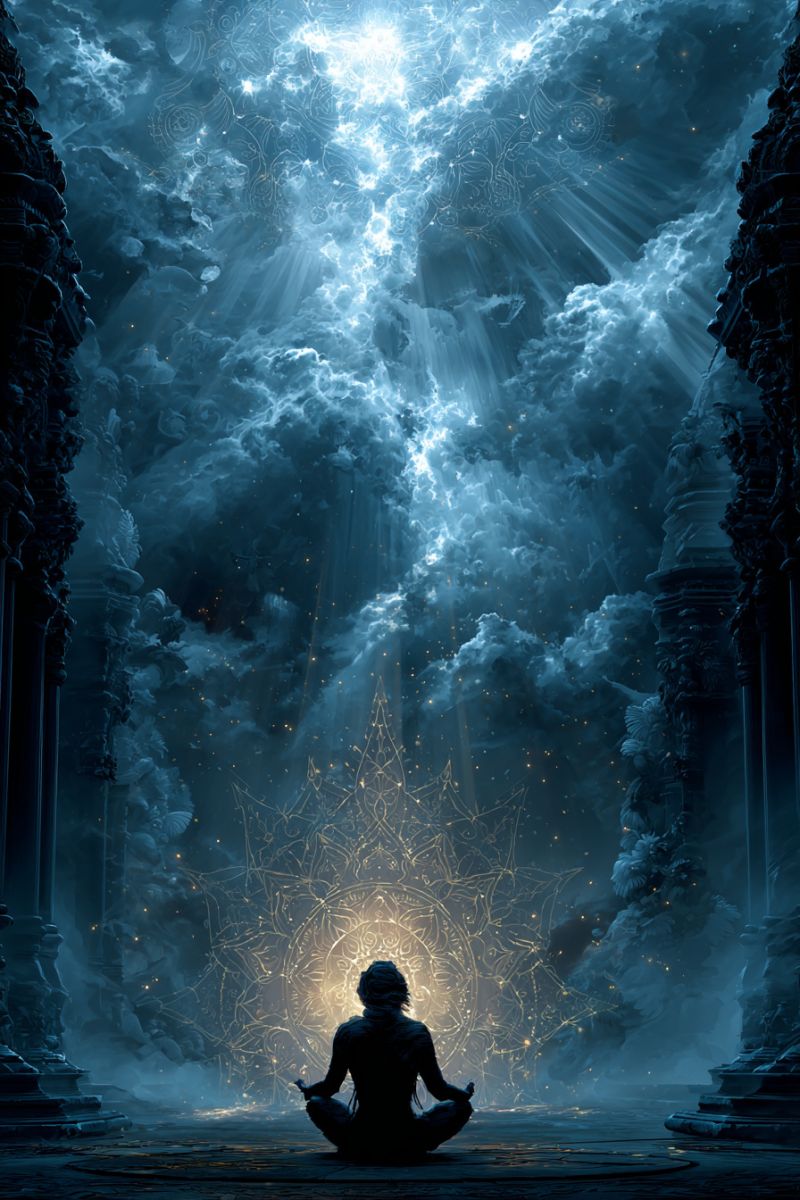 Astral field stars nebula picture photograph A person is sitting in a meditative pose in a dimly lit, mystical setting. They are surrounded by intricate, glowing patterns that resemble a mandala, with a bright, radiant light emanating from the center. The background features a dramatic, swirling blue sky filled with clouds, and beams of light pierce through, creating a celestial atmosphere. The person's silhouette is dark against the glowing patterns, and they appear to be in a state of deep concentration or meditation.