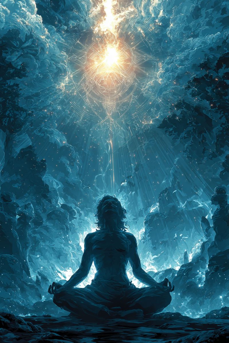 Meditation man yoga sun sunlight sunbeam rays In the center of the image, a person is seated in a meditative pose, cross-legged, with their hands resting on their knees. The person's head is tilted slightly upward, and their eyes are closed, suggesting a state of deep concentration or meditation. The background is a vast, ethereal landscape filled with swirling, icy blue and white clouds that resemble a frozen ocean or a celestial body. Above the person, a radiant, circular light source emits a warm, golden glow, casting a soft light that illuminates the scene. The light appears to be a source of energy or enlightenment, and it is surrounded by intricate, geometric patterns that seem to flow from the light itself. The overall atmosphere is serene and otherworldly, with a sense of tranquility and introspection.