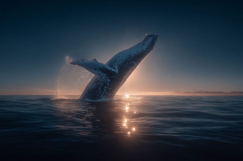 Whale ocean water sea sky sun sunlight sunset nature wildlife animal mammal marine splash spray spraying sprayed sprays A humpback whale is breaching the surface of the ocean at sunset. The whale's body is arched upwards, and its tail is raised high, creating a dramatic silhouette against the sky. The water is calm, and the sun's rays are shining through, creating a warm glow on the water's surface. The sky is a deep blue, and the sun is setting in the distance, casting a golden hue over the scene.