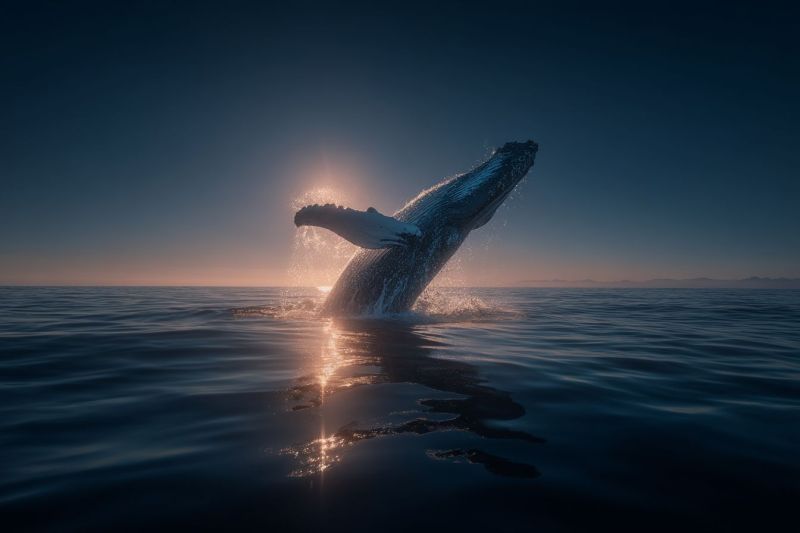 Baleine ocean eau soleil ciel mer nature animal faune marin coucher brise eclaboussure queue nageoire Une baleine à bosse émerge de la surface de l'océan au coucher du soleil. La queue de la baleine est levée haut au-dessus de l'eau, et son corps est arqué en une courbe gracieuse. Le soleil se couche en arrière-plan, projetant une lueur chaude sur l'eau et la baleine. L'eau est calme, et le ciel est d'un bleu profond. L'ombre de la baleine est projetée sur l'eau, et l'eau reflète la lumière du soleil.