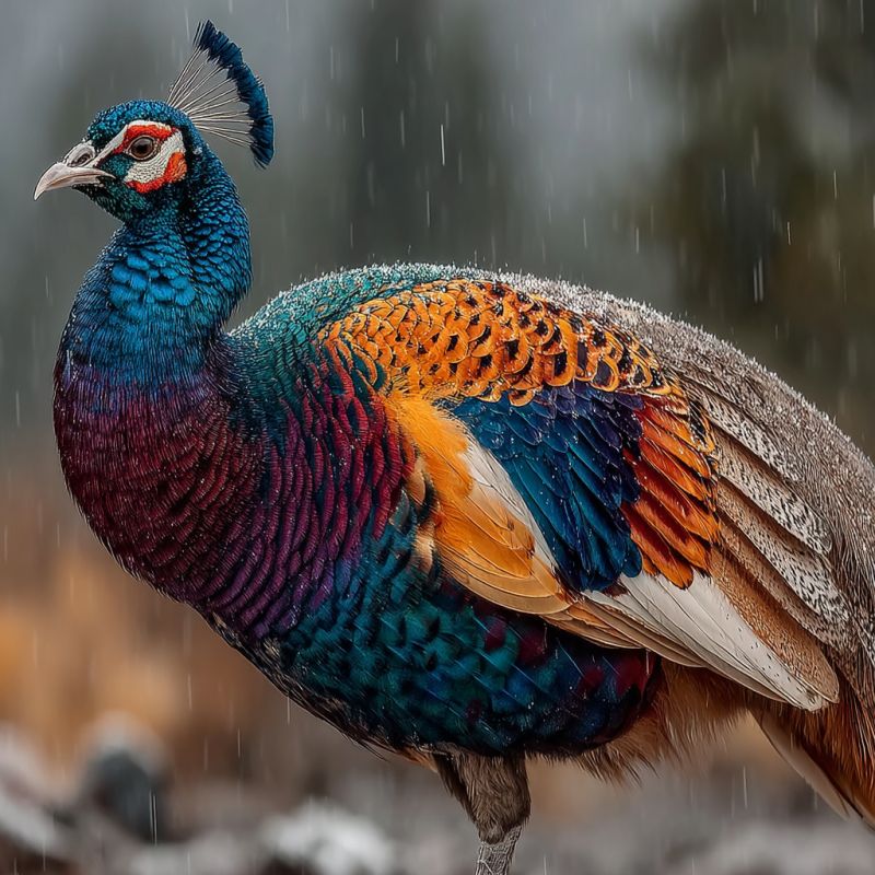 Paon oiseau plumes pluie faune nature animal plumage spectacle affichage mouille averse oeil bec Un paon vibrant se tient sous la pluie, ses plumes scintillant sous les gouttes. La tête de l'oiseau est ornée d'une crête bleue saisissante, et ses plumes de cou sont un mélange de violets profonds et de bleus. Ses plumes du corps sont un éventail époustouflant d'oranges, de verts et de bleus, créant un kaléidoscope de couleurs. Les plumes de la queue du paon sont étalées, montrant des motifs complexes d'orange et de bleu. L'arrière-plan est flou, avec des touches de verdure et une atmosphère pluvieuse.