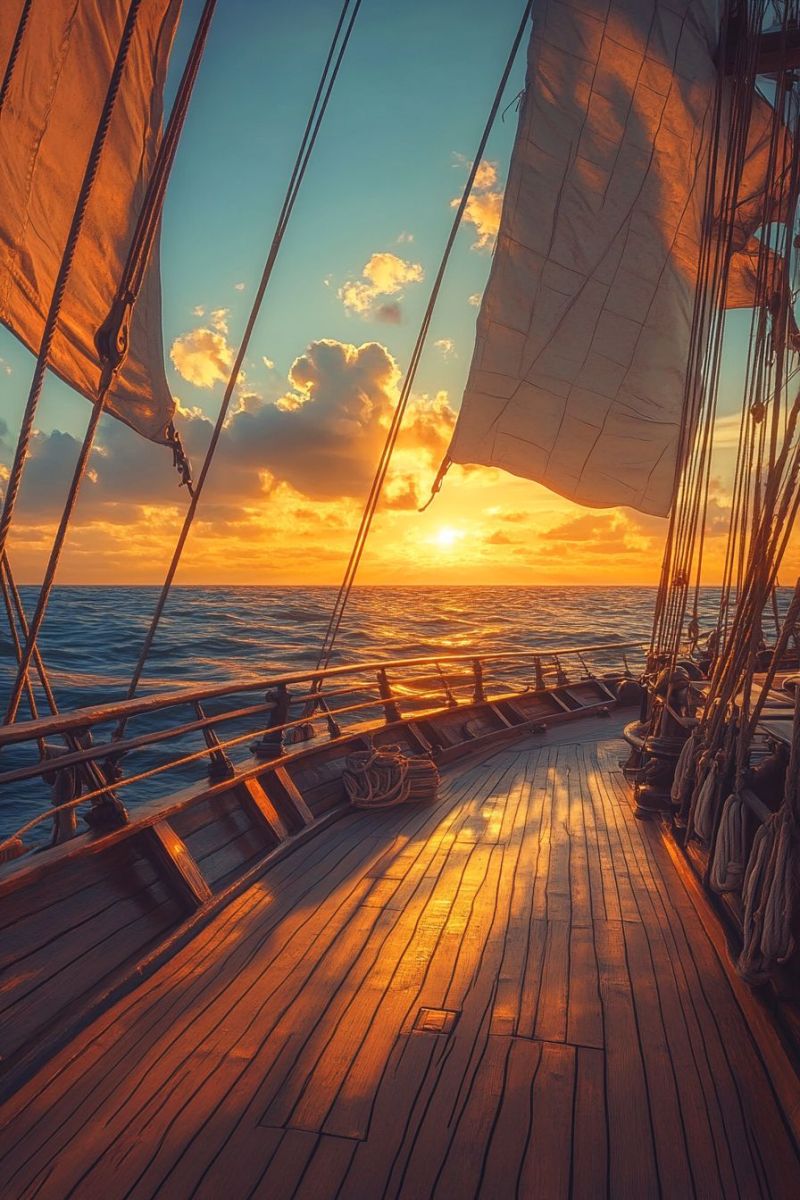 Sailing ship sunset horizon ocean boat interior wooden deck nautical dusk sailboat maritime atmosphere coastal setting wooden deck of a sailing ship at sunset. The setting sun casts a warm glow on the water and the horizon, creating an atmosphere of serenity. The sky is painted with hues of orange, yellow, and some blue tones near the horizon. In the foreground, a wooden plank walkway leads to the bow of the ship, which is covered by a sail. This sail appears to be down or reefed, given its folded position. There's a sense of tranquility and adventure that the image captures. The photograph seems to have been taken during the day, as indicated by the brightness of the sky and the visible details on the ship and in the environment.