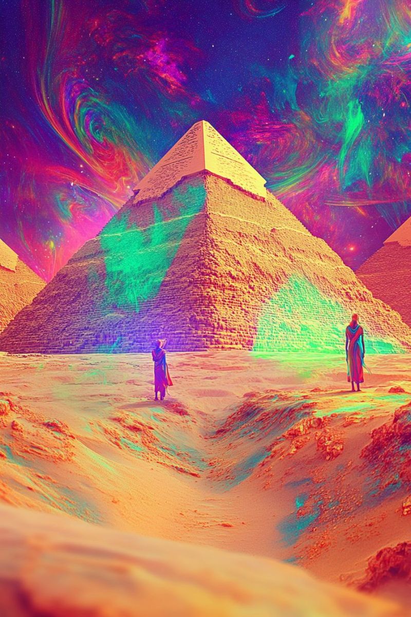 Pyramid desert ancient egypt architecture history culture travel tourism sky night stars galaxy space fantasy imagination In the foreground, two people dressed in flowing garments stand in a desert landscape. They are positioned in front of a large pyramid, which is illuminated by a vibrant, swirling galaxy in the sky above. The pyramid is made of stone blocks and has a triangular shape. The sky is a mix of purple, green, and pink hues, with stars scattered throughout. The desert sand is a mix of orange and pink, and the shadows of the people and pyramid fall onto the sand.