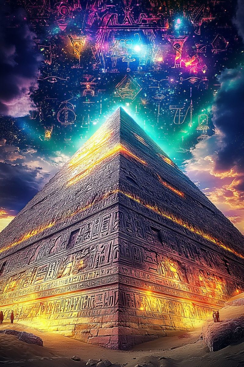 Pyramid ancient egyptian hieroglyphics desert night sky stars clouds fire glow carvings inscriptions architecture history culture mysticism spirituali A large pyramid stands prominently in the desert, its base wide and its sides steep. The pyramid is adorned with intricate carvings and hieroglyphics, glowing with a golden light that casts dramatic shadows. Above the pyramid, the sky is a vibrant mix of blues, purples, and greens, filled with swirling patterns and symbols that seem to float and shimmer. In the foreground, two people are standing near the pyramid, their figures silhouetted against the glowing structure. The scene is both mystical and awe-inspiring, with the pyramid appearing to connect the earthly and celestial realms.