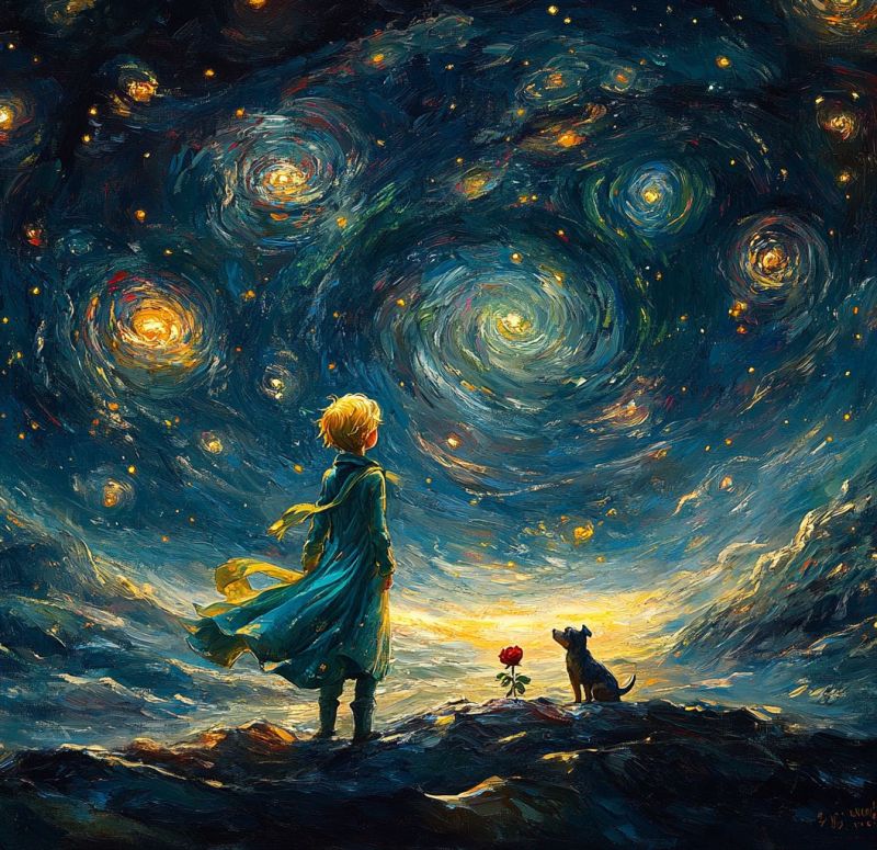 Etoiles galaxie nuages rose chien garcon fantaisie imagination onirique inspiration merveille espace univers beaute oeuvre nuit ciel Dans le tableau, un jeune garçon aux cheveux blonds se tient sur une surface rocheuse, regardant un ciel de nuit vibrant rempli de galaxies et d'étoiles tourbillonnantes. Il porte une longue cape bleue flottante et tient une seule rose rouge dans sa main. À côté de lui, un petit chien est assis, regardant le garçon. Le ciel est d'un bleu profond avec des motifs tourbillonnants de jaune, orange et blanc, créant une atmosphère rêveuse et magique. Le fond présente un mélange de couleurs sombres et claires, avec des touches de jaune et d'orange près de l'horizon, suggérant le début de l'aube.