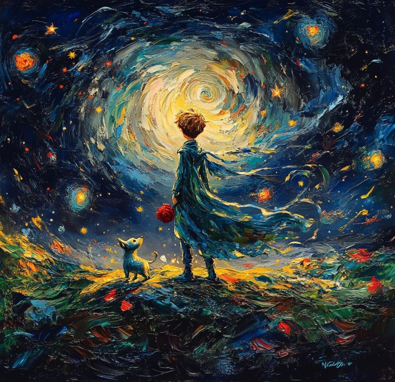 Etoiles garcon chien rose fantaisie imagination expressionnisme reve inspiration creativite emotion texture coups pinceau nuit ciel Dans le tableau, un jeune garçon se tient sur une colline sous un ciel de nuit vibrant rempli d'étoiles et de galaxies tourbillonnantes. Il porte une longue cape bleue flottante et tient une rose rouge dans sa main. À côté de lui, un petit chien blanc le regarde avec curiosité. Le ciel est d'un bleu profond avec des jaunes, des rouges et des verts tourbillonnants, créant une atmosphère dynamique et presque magique. Le sol sous leurs pieds est un mélange de verts sombres et de jaunes, suggérant un champ gazonné. Le tableau capture un sentiment d'émerveillement et d'aventure, avec le garçon et son chien regardant le spectacle céleste au-dessus d'eux.