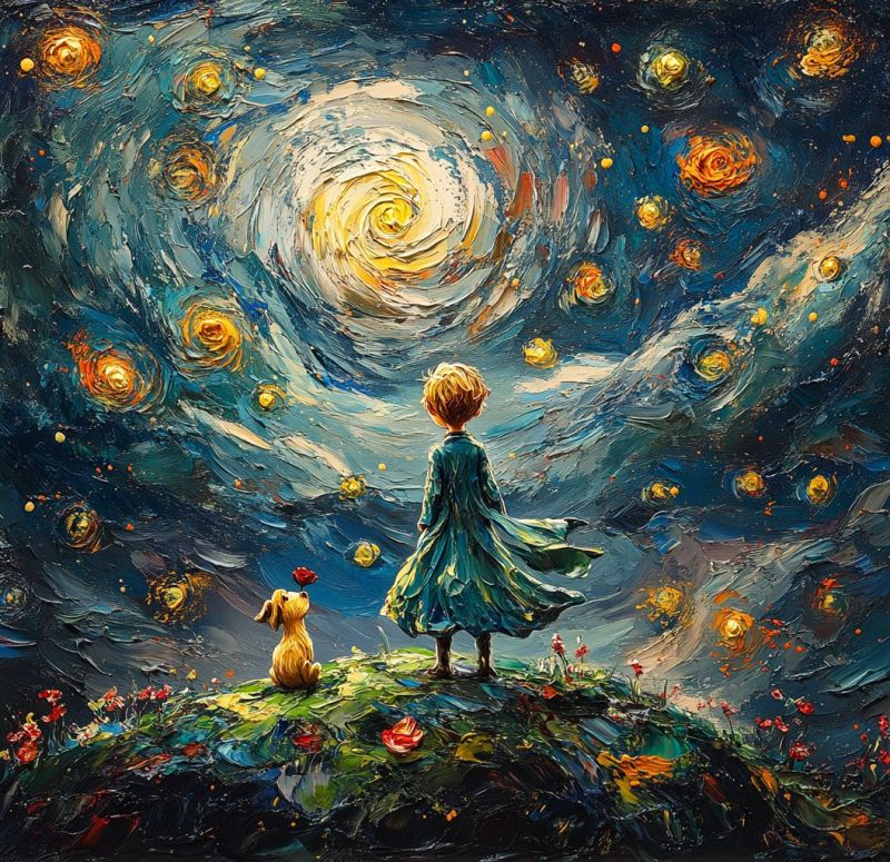 Etoiles fleurs rose enfant chien imagination fantaisie impressionnisme onirique inspiration creativite oeuvre nuit ciel huile pinceau coups Dans le tableau, un jeune enfant se tient sur une petite colline sous un ciel de nuit vibrant rempli d'étoiles et de galaxies tourbillonnantes. L'enfant porte une longue robe verte fluide et tient une rose rouge dans sa main. À côté de l'enfant, un petit chien doré est assis, regardant le ciel. La colline est ornée de petites fleurs rouges, et le ciel est d'un bleu profond avec des étoiles jaunes et orange brillantes, dont certaines ont un effet tourbillonnant. La scène générale est rêveuse et magique, avec un sentiment d'émerveillement et d'exploration.