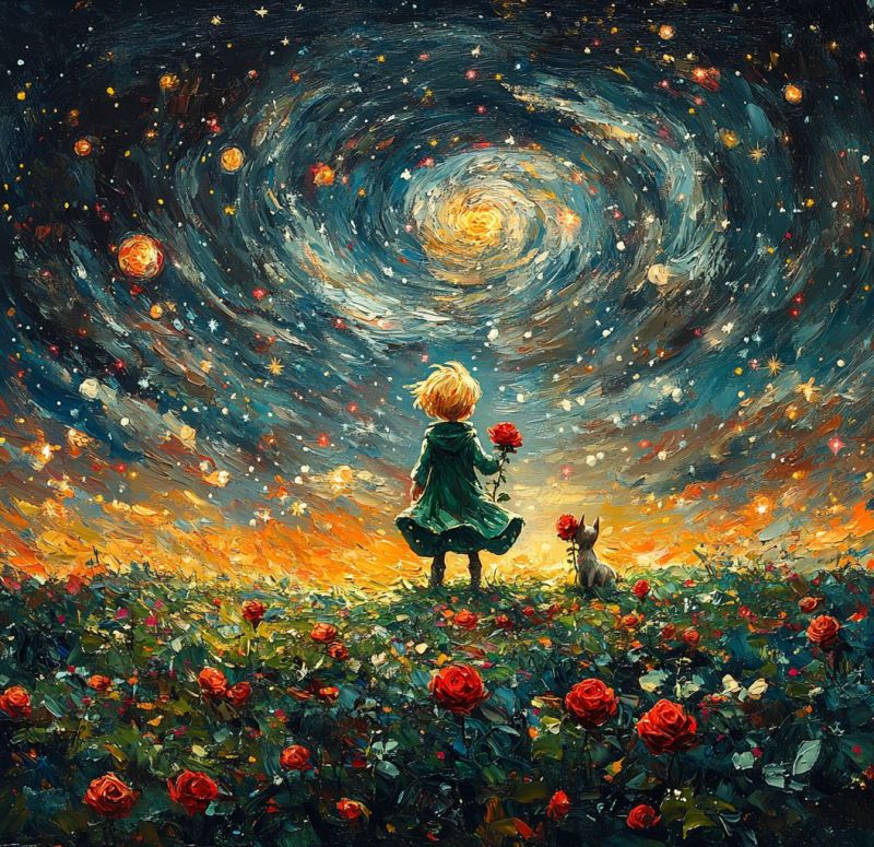 Etoiles roses fleurs fille chien imagination fantaisie univers cosmos planetes coucher soleil papillons reves inspiration beaute nuit ciel espace Dans une peinture vibrante et imaginative, une jeune fille se tient dans un champ de roses rouges sous un ciel nocturne tourbillonnant rempli d'étoiles et de planètes. Elle tient une seule rose rouge dans sa main, contemplant le spectacle céleste. À côté d'elle, un petit chien est assis, la regardant avec curiosité. Le ciel est un mélange de bleus profonds, de jaunes et d'oranges, avec des motifs tourbillonnants et des lumières scintillantes. L'arrière-plan présente une galaxie avec un centre brillant et lumineux, entourée d'étoiles et de planètes colorées. La scène globale est rêveuse et magique, avec un sentiment d'émerveillement et d'exploration.