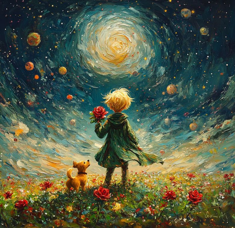 Garcon fleurs chien rose nuit ciel univers etoiles planetes cosmos imagination fantaisie reves merveille exploration science astronomie espace Dans une peinture vibrante, un jeune enfant se tient dans un champ de roses rouges, tenant un bouquet de roses rouges dans ses mains. L'enfant est vêtu d'un imperméable vert et a les cheveux blonds. À côté de l'enfant se trouve un petit chien brun avec un collier noir, regardant vers l'enfant. Le ciel au-dessus est d'un bleu profond, rempli de motifs tourbillonnants de jaune et de blanc, ressemblant à une galaxie ou une nébuleuse. Diverses planètes et étoiles sont dispersées dans le ciel, ajoutant au thème céleste. Le fond est un mélange de bleus, de jaunes et de blancs, créant une atmosphère onirique et fantastique.
