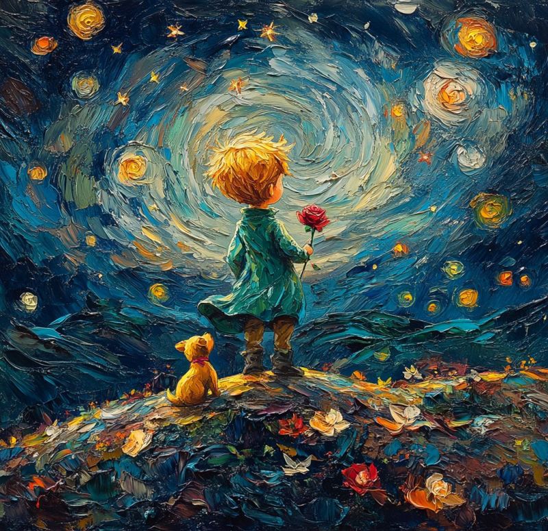 Painting boy rose stars flowers dog hill autumn impressionism colorful fantasy dreamy inspiration imagination love nature night sky van gogh A young boy with blonde hair stands on a hill, gazing up at a vibrant night sky filled with swirling stars and planets. He holds a single red rose in his hand. Beside him sits a small, light-colored dog with a red collar. The sky is painted in deep blues and greens, with yellow and orange swirls and stars scattered throughout. The ground beneath them is covered in fallen leaves and small flowers, adding to the serene and magical atmosphere of the scene.