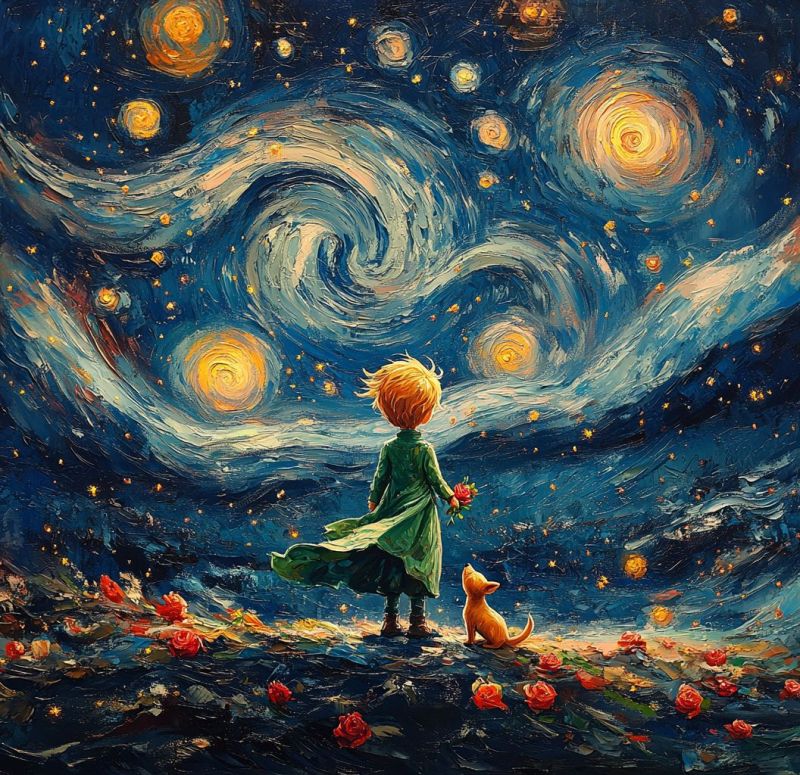 Painting stars flowers roses dog child imagination fantasy dreams night impressionism expressionism texture sky van gogh oil brush strokes palette In the painting, a young child with blonde hair stands in a field of red roses under a vibrant night sky. The child wears a green dress and holds a single red rose in their hand. Beside the child, a small, light-colored dog sits on the ground, looking up at the child. The sky is filled with swirling patterns of blue and yellow, reminiscent of a starry night, with stars and swirling clouds adding to the magical atmosphere. The overall scene is reminiscent of a dreamlike, whimsical landscape.