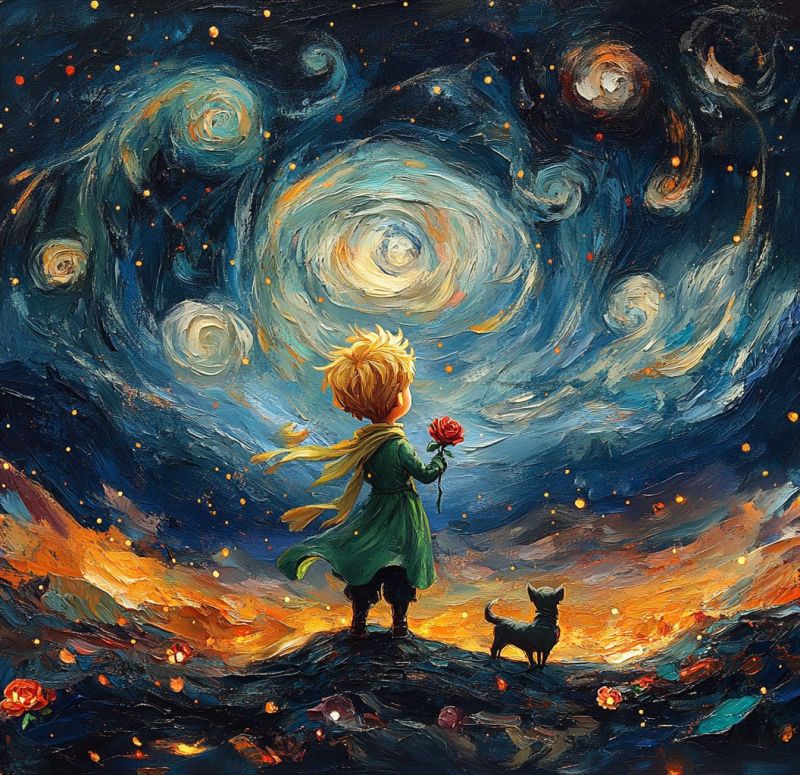 Painting stars rose boy dog fantasy imagination fireworks clouds universe galaxies planets comets meteors asteroids nebulae night sky outer space In the painting, a young boy stands on a hill under a vibrant night sky, holding a red rose in his hand. His hair is golden and flows in the wind. Beside him, a small black dog looks up at him. The sky is a deep blue, filled with swirling patterns of stars and galaxies, reminiscent of Van Gogh's 