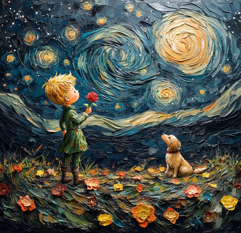 Painting boy rose dog stars flowers impressionism nighttime night sky van gogh starry oil technique tools process inspiration In a vibrant painting, a young boy stands in a field of flowers under a starry night sky. He holds a red rose and gazes upward, lost in thought. Beside him, a golden retriever sits, looking up at the boy with a gentle expression. The sky is filled with swirling patterns of blue and yellow, reminiscent of Van Gogh's 