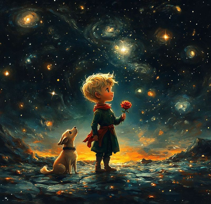 Boy dog rose space night galaxy star universe fantasy painting imagination adventure wonder exploration childhood friendship love In a vast, starry night sky filled with galaxies and stars, a young boy stands holding a red rose. He wears a green outfit with a red scarf around his neck and brown boots. Beside him, a golden retriever dog sits, looking up at him. The ground beneath them is rocky, and the sky transitions from dark blue to a warm orange hue at the horizon, suggesting either dawn or dusk. The scene is serene and magical, with the boy and dog appearing to be in a moment of quiet contemplation under the celestial expanse.