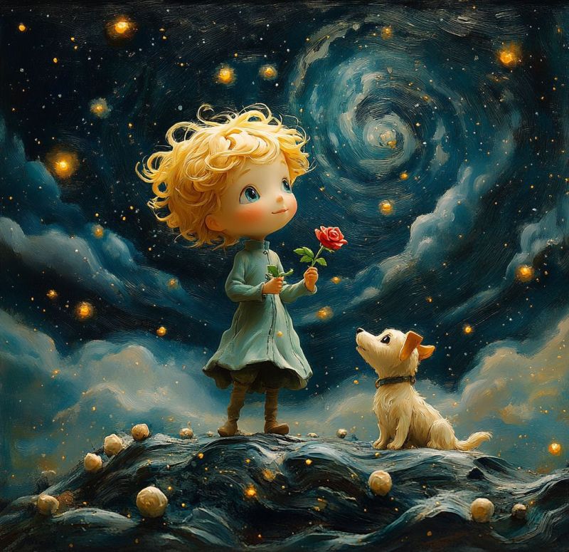 Girl dog rose night sky stars clouds fantasy painting imagination dreams magic wonder adventure childhood companionship love nature In a dreamy night sky, a young girl with curly blonde hair stands on a rocky surface, holding a red rose. She wears a green dress and brown boots. Beside her, a small white dog with brown ears looks up at her. The sky is filled with stars and a swirling galaxy, with glowing lights scattered throughout. The scene is painted with a soft, magical touch, creating a serene and enchanting atmosphere.