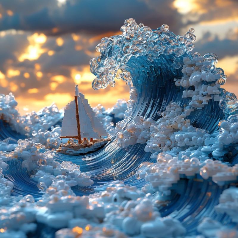 Bleue vagues bateau sculptrure voile renderisation eau depiction fantastique maritime Coucher de soleil vibrant avec des tons dorés chauds et des nuages flous, ce qui ajoute une atmosphère calme à la scène. Il n'y a aucune texte présent dans l'image.