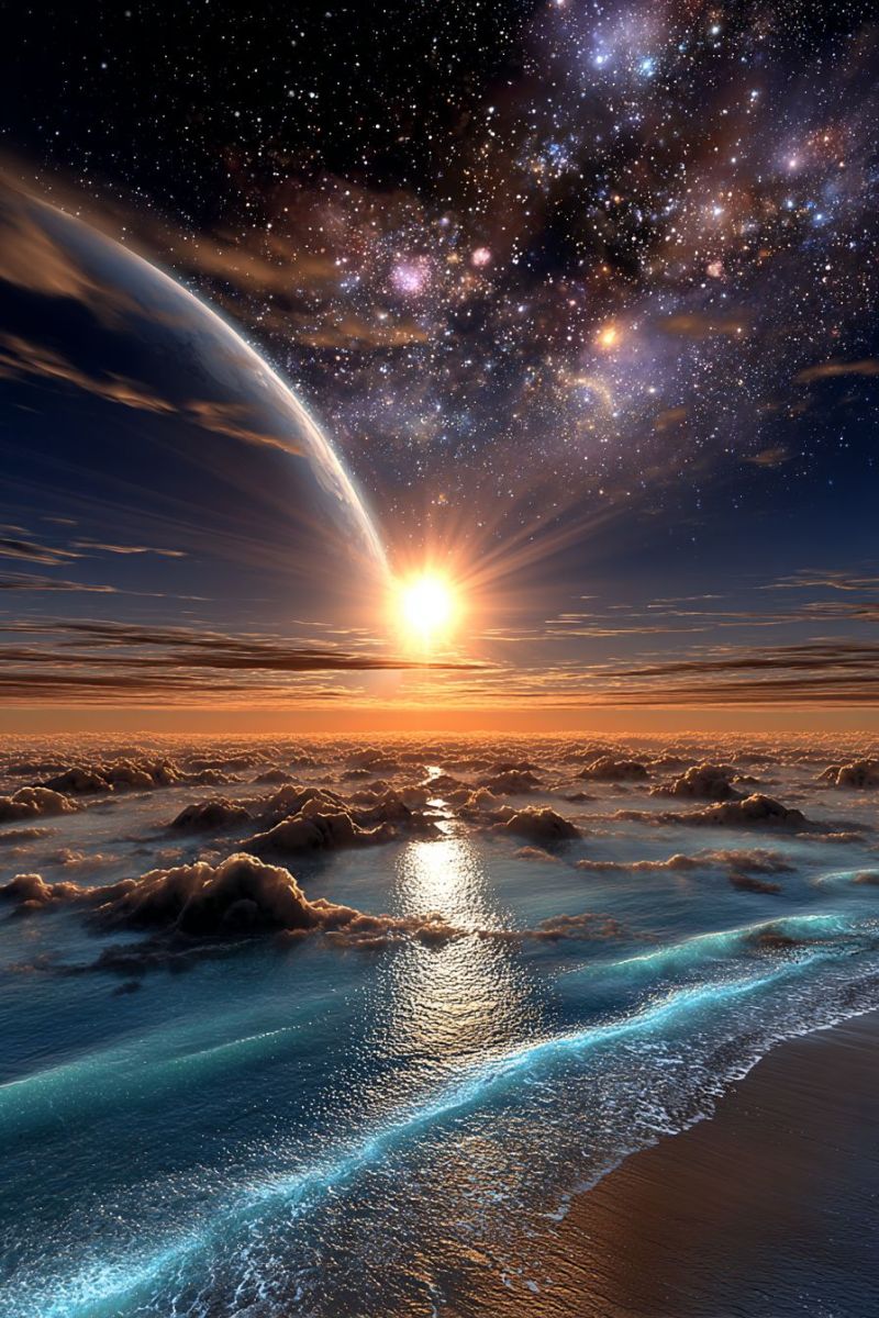 Space planet sun sky clouds ocean waves shoreline beach sunset stars galaxies universe atmosphere reflection horizon distance imagination breathtaking scene of a sunset over a vast ocean, with a large planet visible in the sky. The sun is setting on the horizon, casting a warm, golden light across the water and sky. The ocean is calm and serene, with gentle waves lapping against the shore. The sky is filled with stars and galaxies, creating a stunning back for the sunset. The planet in the sky appears to be a large, round object with a dark, cloudy atmosphere. The overall scene is peaceful and awe-inspiring, showcasing the beauty of nature and the vastness of the universe.