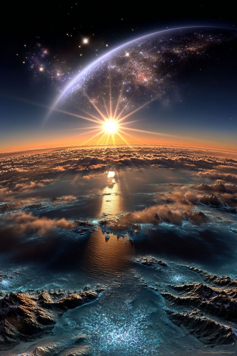 Espace planete soleil ciel univers cosmos etoile astronomie galaxie terre atmosphere nuage montagne eau reflexion nuit obscurite Vue aérienne à couper le souffle d'une planète, possiblement la Terre, depuis une haute altitude. Le soleil brille de manière proéminente dans le ciel, projetant une lumière chaude et dorée qui illumine les nuages en contrebas. Les nuages sont épais et moelleux, créant un sentiment de profondeur et de texture. La surface de la planète est un mélange d'eau et de terre, l'eau reflétant la lumière du soleil et créant un effet scintillant. La terre est rocheuse et montagneuse, avec certaines zones apparaissant couvertes de neige. Le ciel est d'un bleu profond, avec des étoiles et d'autres corps célestes visibles au loin. La scène globale est sereine et impressionnante, mettant en valeur la beauté et la majesté de notre planète sous une perspective unique.