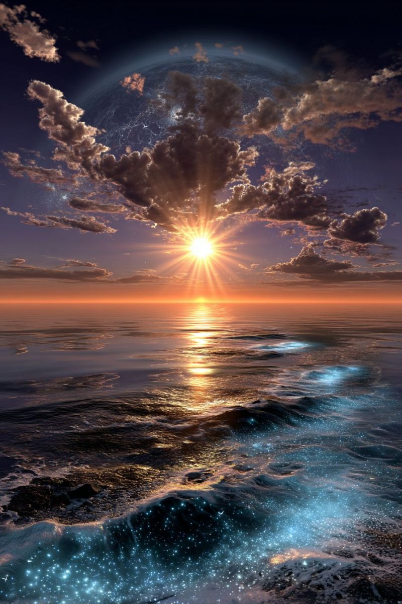 Ocean sky sun clouds sunset water reflection waves horizon brightness atmosphere nature sea glow distance serene sunset over a vast ocean. The sun is setting on the horizon, casting a warm, golden light across the water, creating a shimmering effect. The sky is a deep orange and pink, with scattered clouds that catch the sunlight, adding to the scene's beauty. The ocean is calm, with gentle waves reflecting the colors of the sunset. In the foreground, the water appears darker, with tiny blue lights that resemble stars, possibly indicating bioluminescence. The overall atmosphere is peaceful and tranquil, with a sense of vastness and wonder.