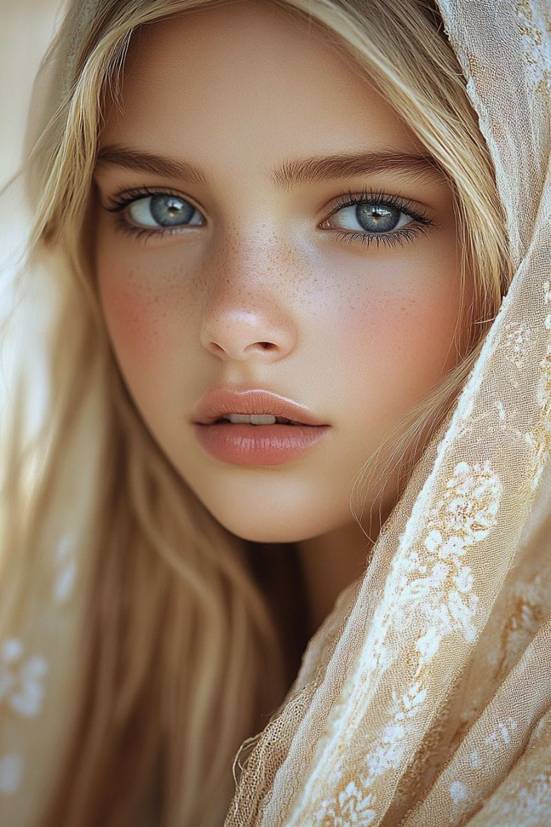 Young woman blonde hair blue eye elegant makeup natural lighting lace veil soft focu beauty portraiture fine Young woman blonde hair blue eye elegant makeup natural lighting lace veil soft focu beauty portraiture fine