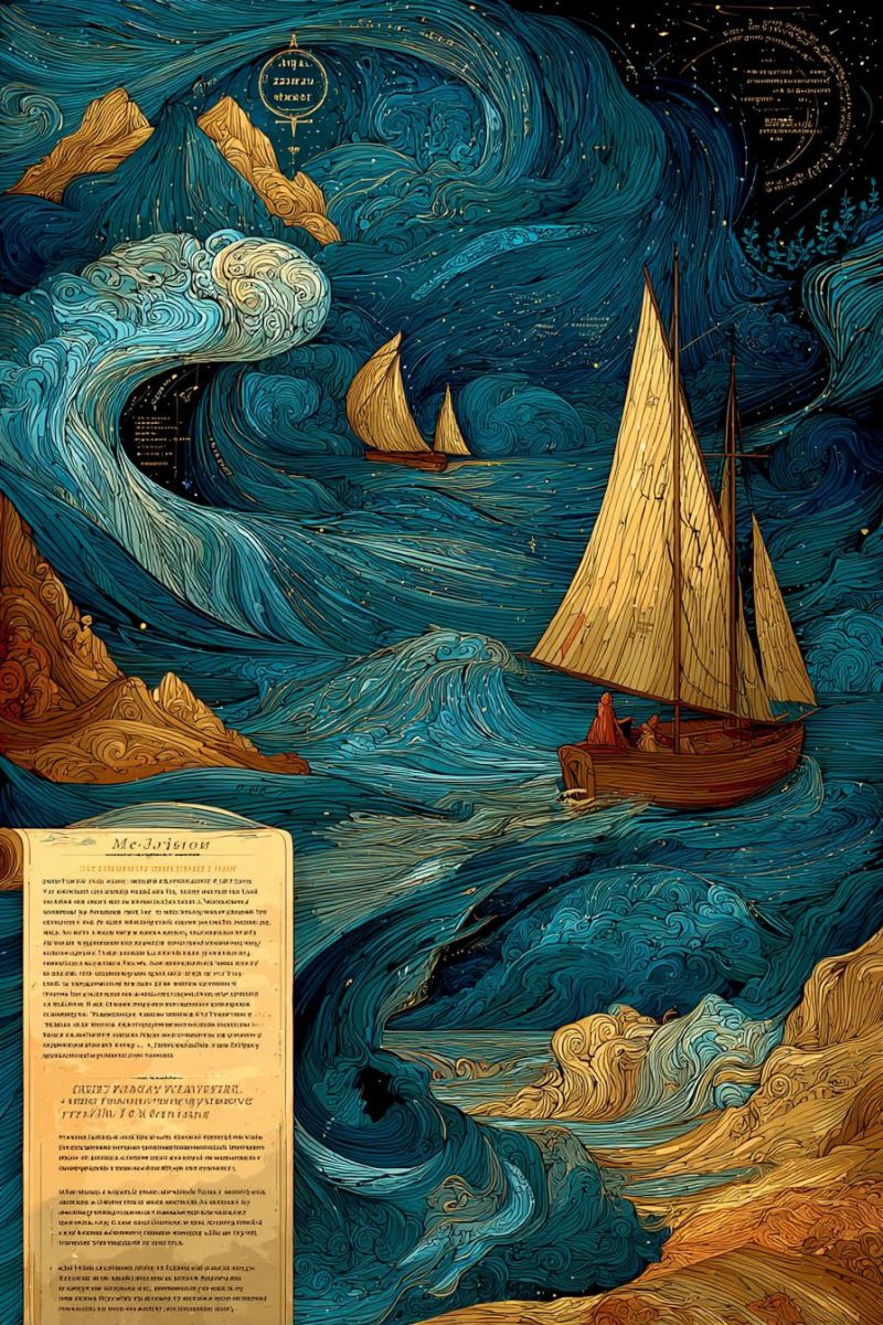 Bateau ocean vagues nuit ciel etoiles voile eau mer nautique marin Paysage marin dramatique avec un grand navire à voile en bois au centre, naviguant à travers des vagues turbulentes sous un ciel nocturne rempli de nuages tourbillonnants et d'étoiles. Le navire a un mât élevé et une voile triangulaire, et il y a une personne debout au gouvernail, possiblement dirigeant le vaisseau. En arrière-plan, il y a deux bateaux plus petits, également naviguant à travers les vagues. La mer est d'un bleu profond, avec des vagues s'écrasant contre les rochers sur le côté gauche de l'image. Le ciel au-dessus est sombre, avec quelques étoiles visibles, et il y a un design circulaire dans le coin supérieur droit. Sur le côté gauche de l'image, il y a un morceau de texte écrit dans une langue étrangère, possiblement fournissant un contexte ou une histoire liée à la scène.