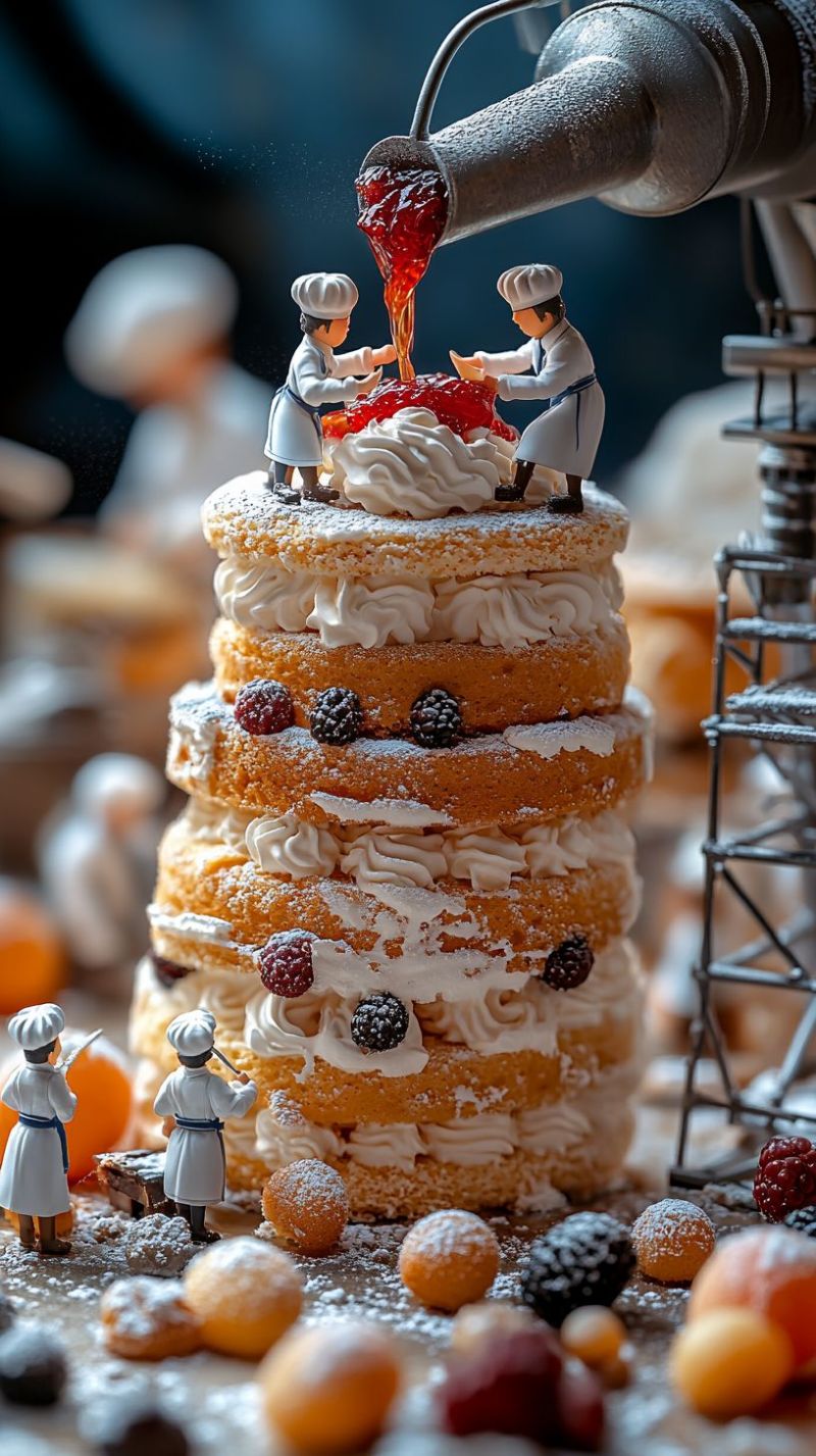 Chef cake bakery themed multiple tiered dessert wedding fruit berrie fondant topper kitchen staff artistry decorative pastry professional a group of bakers is engaged in crafting. They are standing around a large sheet cake that has been meticulously assembled to resemble a multi-tiered structure. The cake is adorned with various decorations and edible items, including berries, which add to its visual appeal. The bakers appear to be in the process of adding finishing touches to the cake. They are wearing chef's hats, indicating that they are professional bakers. One baker is carefully pouring a red liquid over the top of the cake, possibly a glaze or sauce, which is a common step in the final stages of cake decoration. Around them are several baskets filled with what appear to be additional ingredients, such as flour and sugar, suggesting that this might be a working kitchen setting where baking supplies are being stored for future use. The environment is clean and well-lit, emphasizing the delicate work involved in cake decoration.