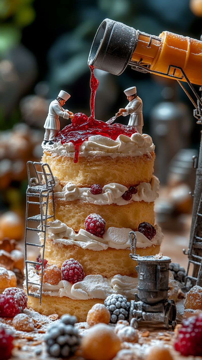 Cake decoration wedding fruit topped chef strawberrie decorator artist raspberry topping progre edible creative scene involving food and what appears to be a small-scale model of an event or celebration. At the center is a cake with white frosting, on which there is a design that looks like a person being splashed by a liquid. This cake is surrounded by various edible items that suggest a festive theme, including raspberries and what could be whipped cream or ice cream. The cake is situated on a platform with the words 