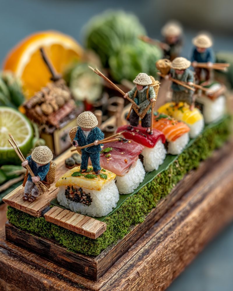 Food sushi decoration miniature wooden table craft sculpture people fishing basket sticks orange lemon vegetables house texture A miniature scene featuring tiny figurines of people dressed in traditional Japanese attire, standing on a wooden platform covered in moss. The platform is set on a larger wooden base. The figurines are engaged in various activities, such as fishing and harvesting crops. The scene includes a row of sushi rolls, each topped with different ingredients, arranged on a leaf-like base. Surrounding the platform are miniature representations of a house, a slice of orange, and a slice of lime, along with other small green plants. The overall setting is detailed and meticulously crafted, showcasing a blend of culinary artistry and miniature craftsmanship.